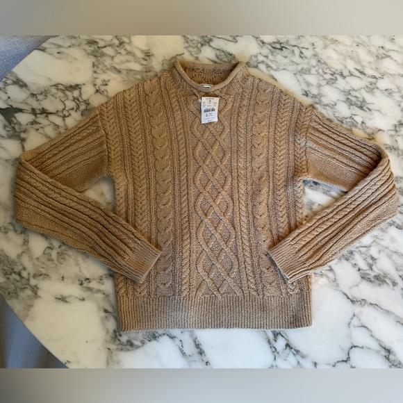 NWT J. Crew roll neck Cable Knit cotton blend soft fisherman Sweater camel Sz XS - Picture 4 of 8